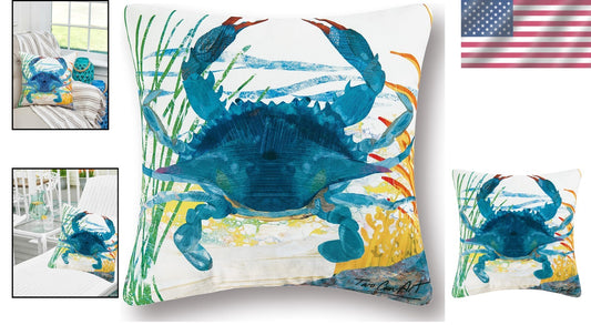 Vibrant 18x18 Blue Crab Outdoor Pillow - Perfect Nautical Decor for All Spaces