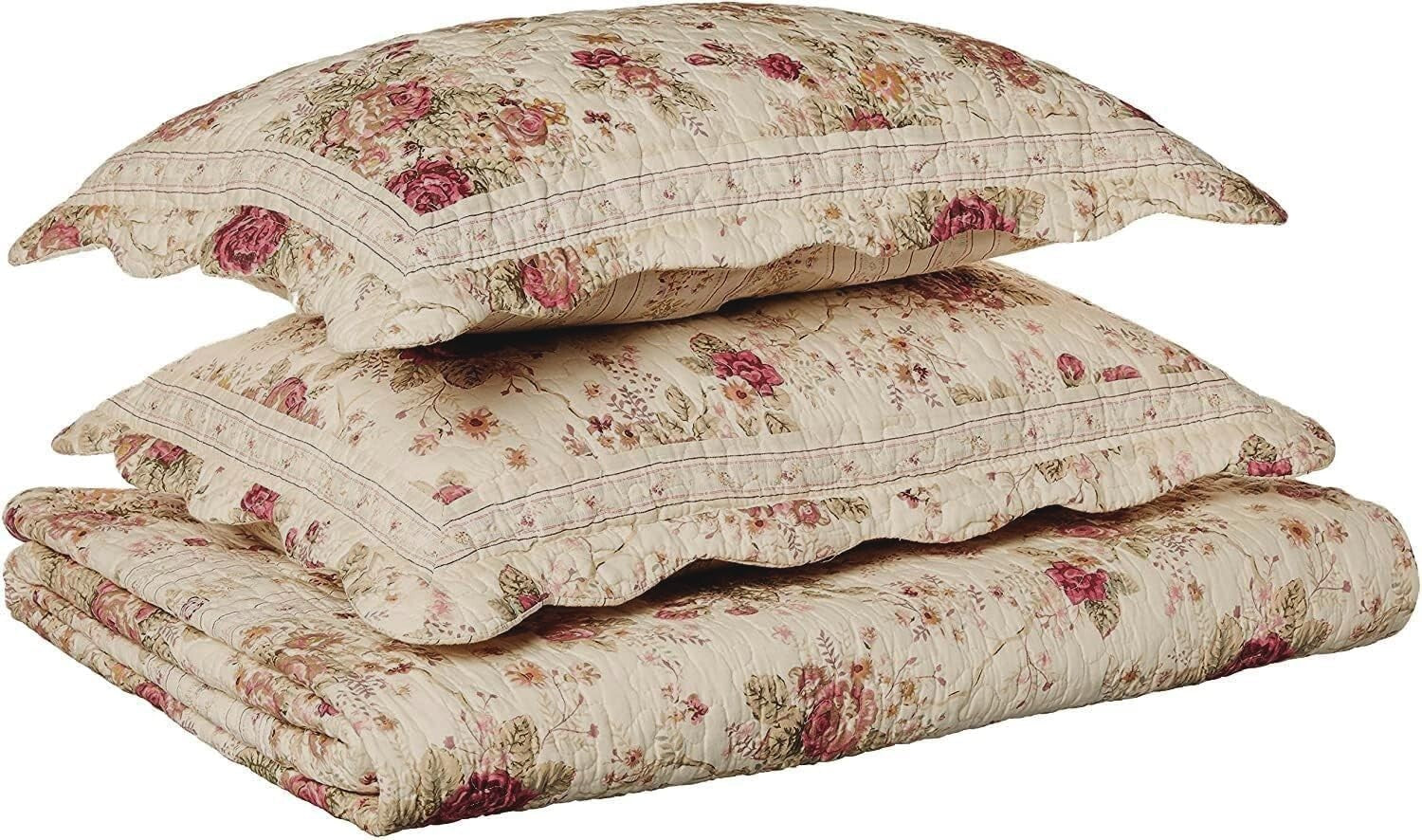 Authentic Patchwork Antique Rose Quilt Set in Ecru for Stylish Full/Queen Beds