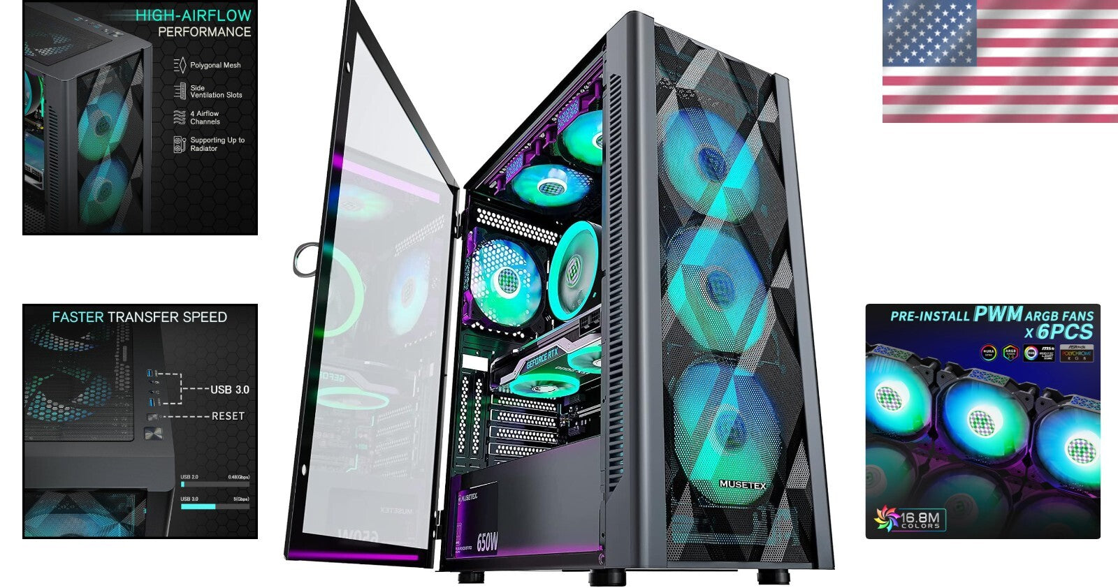 Customizable RGB-Illuminated ATX PC Case with Magnetic Tempered Glass Side Panel