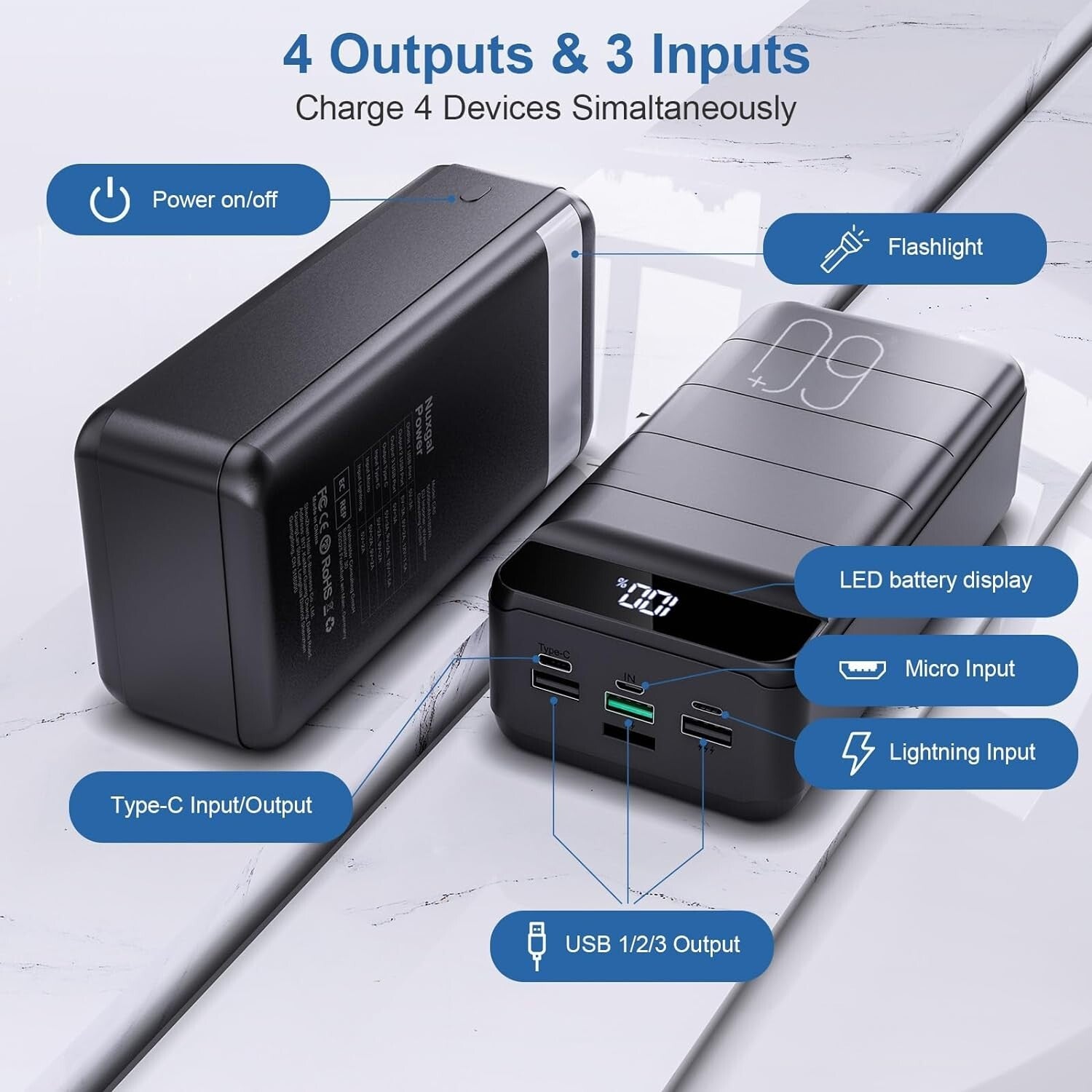 22.5W Power Bank - 60000mAh Battery Pack with Fast Charging & Multiple Outputs