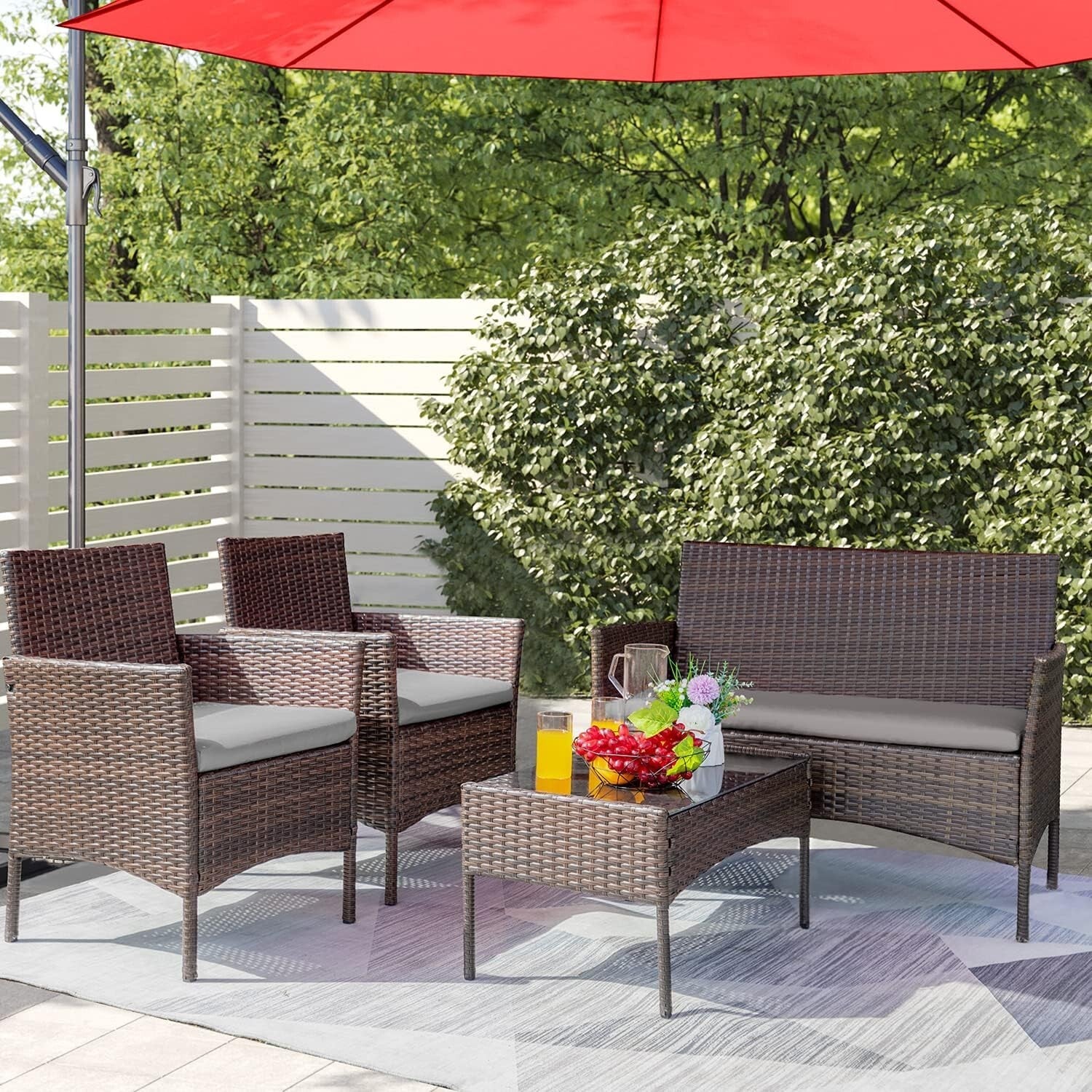 Durable Outdoor 4-Piece Wicker Set with Cushions & Chic Glass Table - Brown/Gray