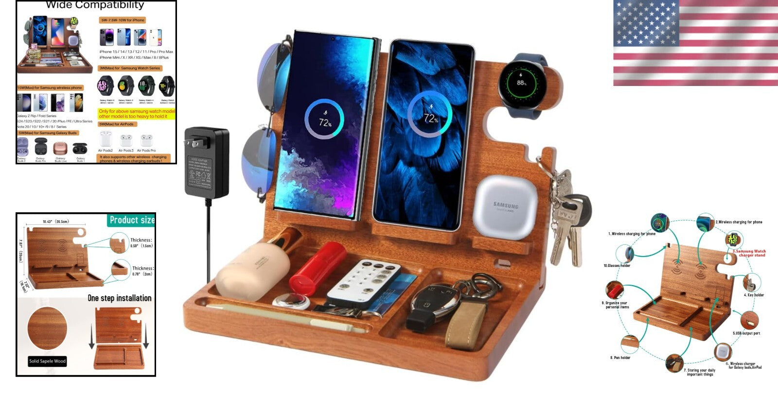 27W Wood Charging Station: 4-in-1 Fast Wireless Charger & Nightstand Organizer