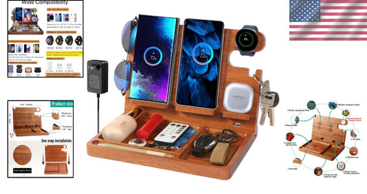 27W Wood Charging Station: 4-in-1 Fast Wireless Charger & Nightstand Organizer