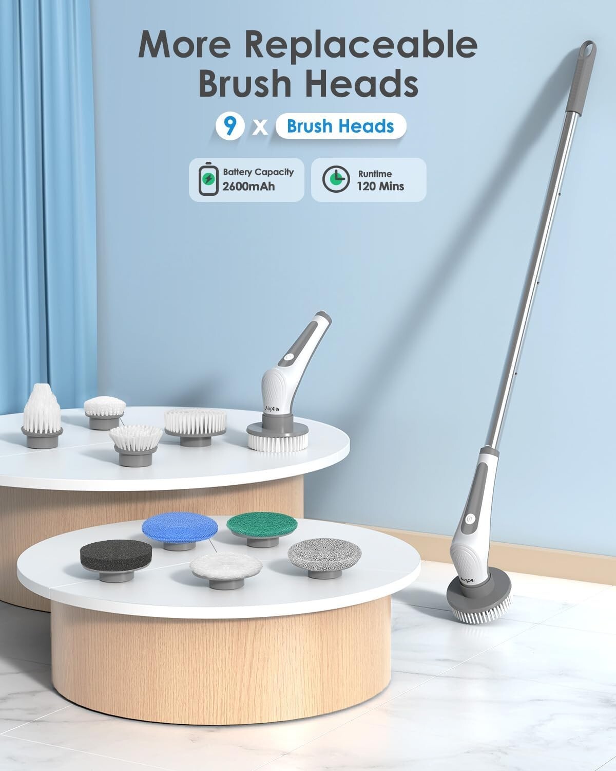 Effortless 10 in 1 Cordless Electric Scrubber with Detachable Handle & Brush Set