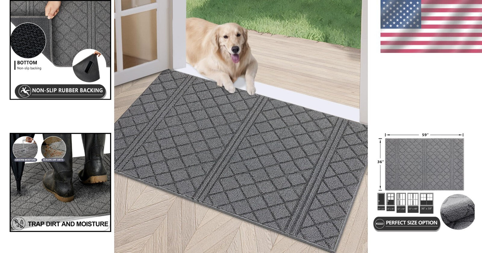 Stylish Indoor Doormat 36" x 59" with Absorbent Backing - Pet-Friendly Grey Rug