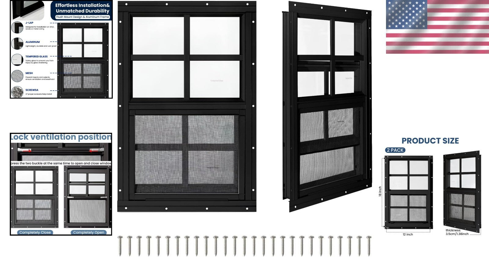 2 Pack 12" x 18" Sliding Shed Windows with Tempered Glass & Screens, Black