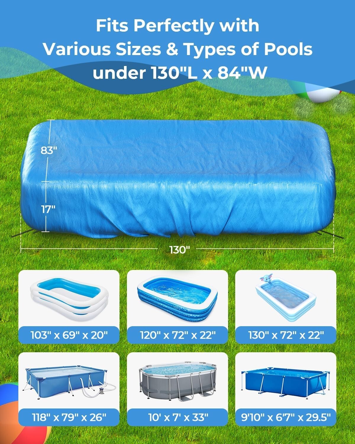 Easy One-Person Setup Inflatable Pool Cover - Fits Pools Up to 130" L x 84" W