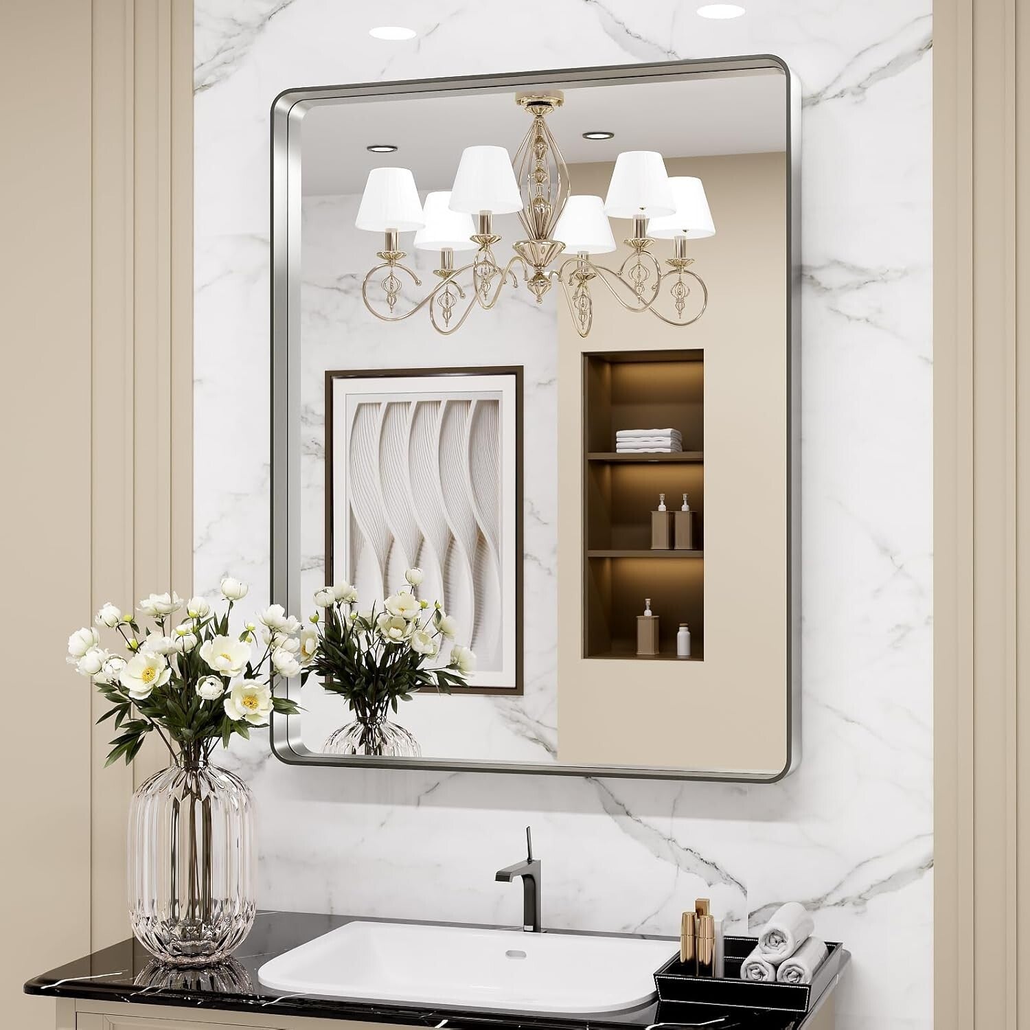 Elegant 28" x 36" Brushed Nickel Bathroom Mirror - Anti-Rust & Distortion-Free