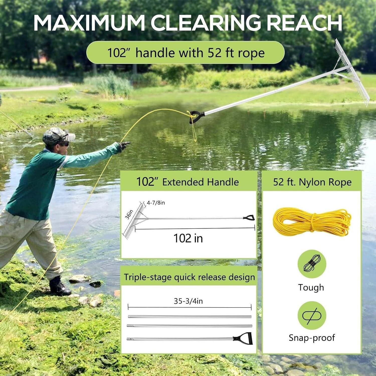 Versatile 36" Lake Rake with Detachable Handle & Weed Removal Rope - Yellow