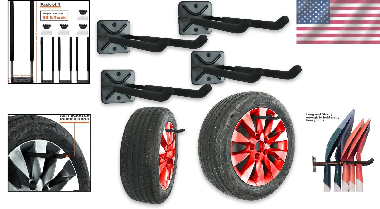 Durable Wall-Mounted Garage Hooks - Set of 4 Heavy Duty 12.4 Inch Organizers