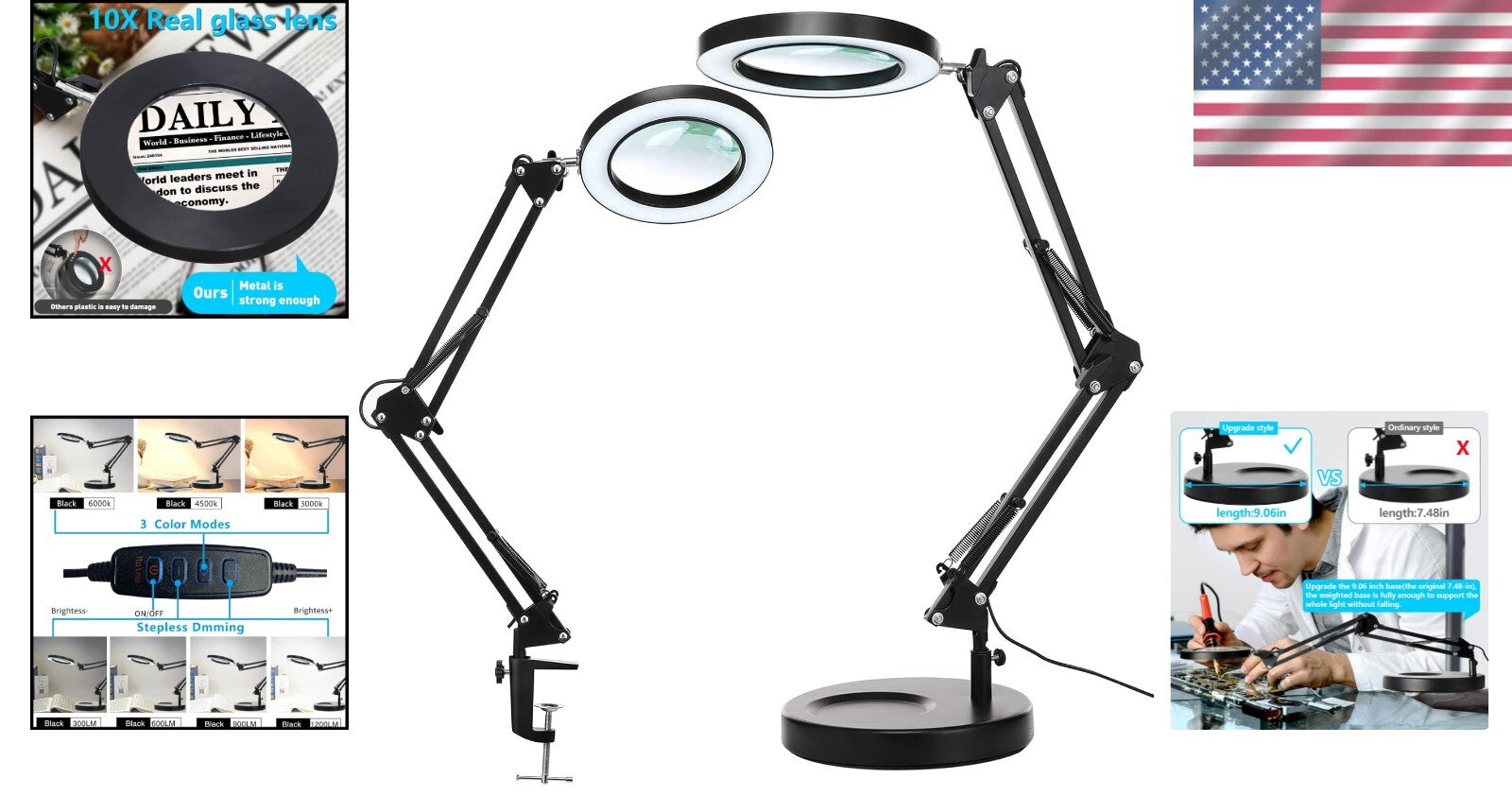 Adjustable LED Magnifying Lamp with Heavy Base - Hands-Free Precision Lighting