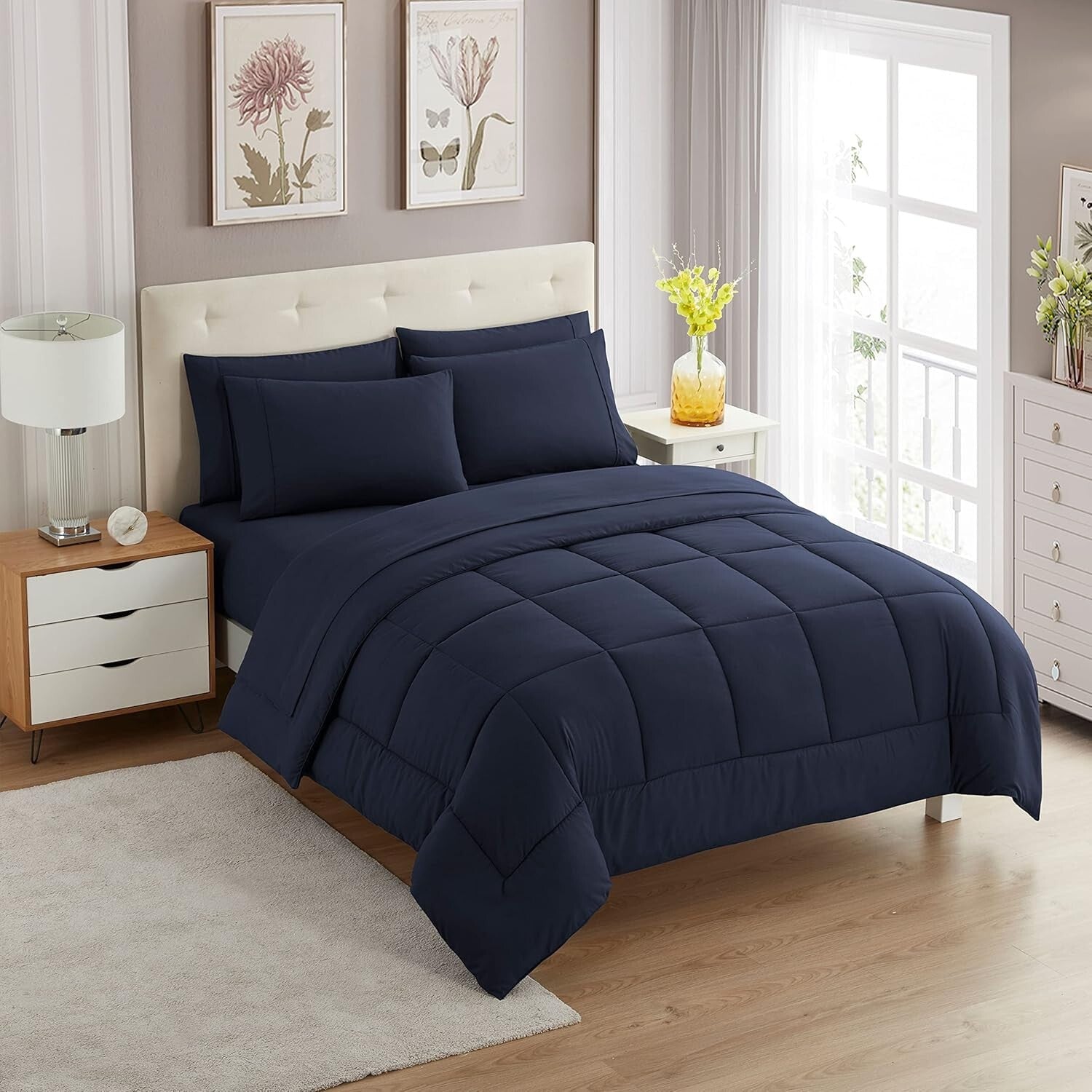 Elegant Down Alternative Comforter and Microfiber Sheet Set in Navy - Twin Size