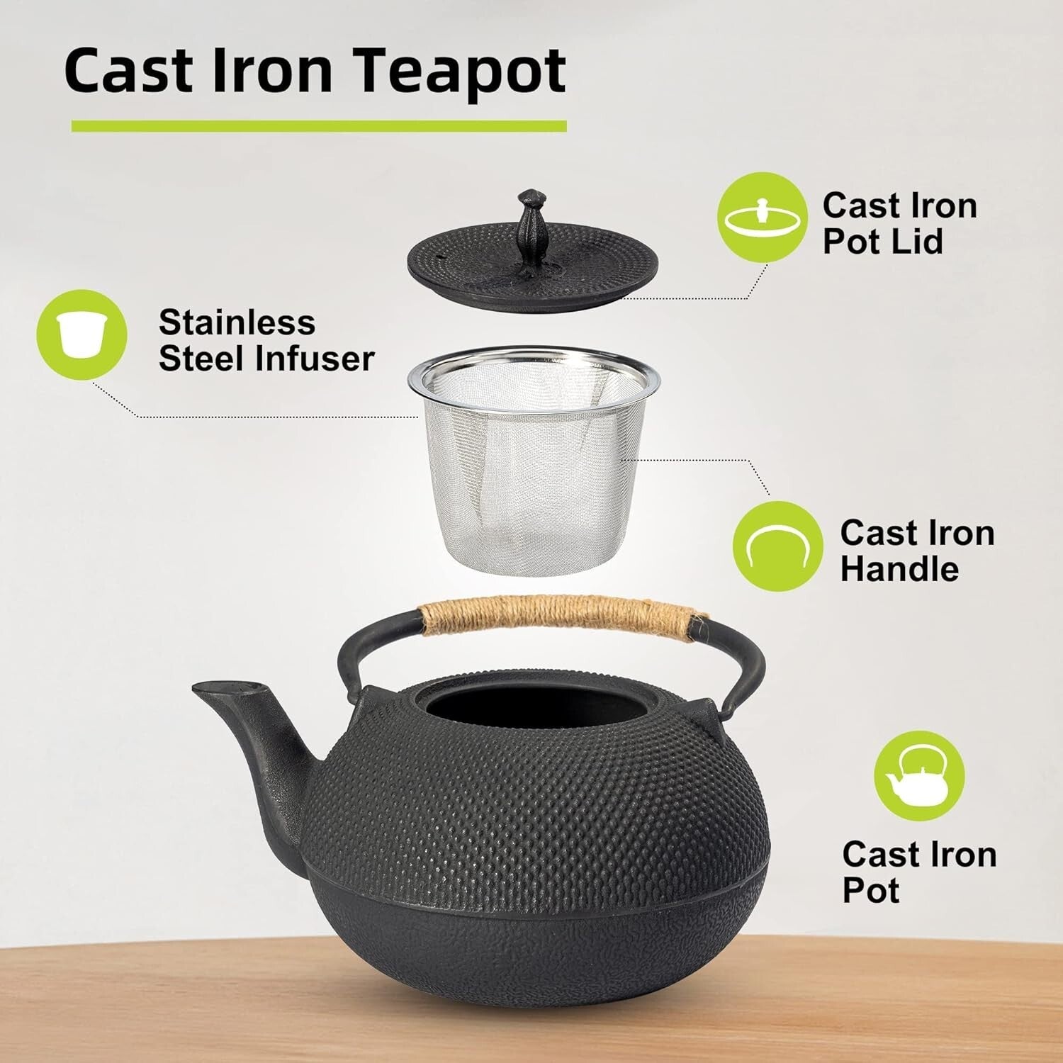 Elegant 60 Oz Cast Iron Japanese Tea Kettle with Premium Infuser - 1.9 Quarts