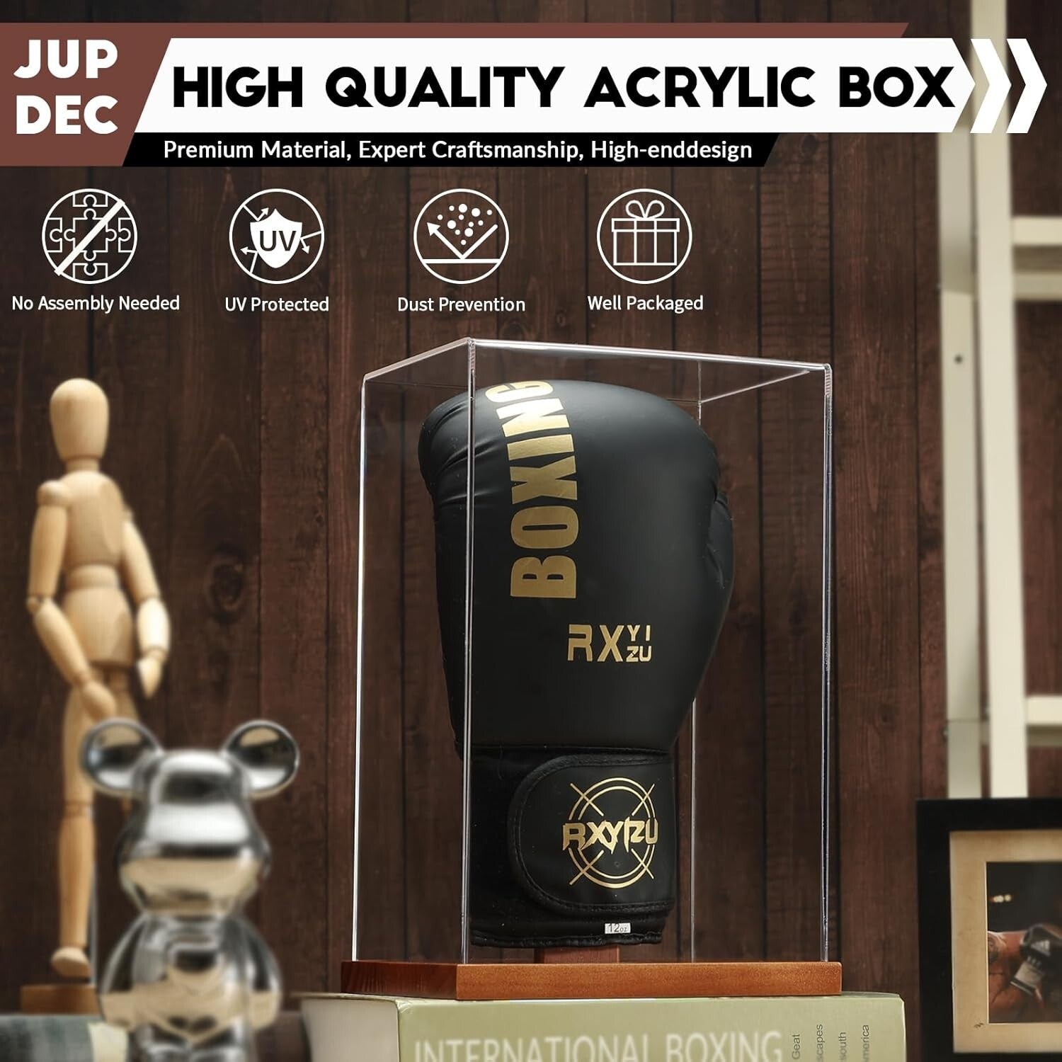 Elegant Boxing Glove Display Case with UV Protection & Solid Wood Base