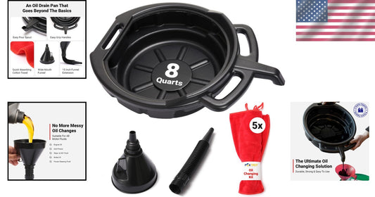 Durable Oil Change Kit with 8 Quart Pan, Funnel & Shop Towels for DIY Mechanics
