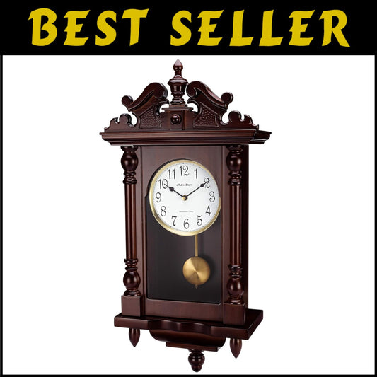 22" Tall Wooden Wall Clock with 4 Chime Options & Elegant Swinging Pendulum