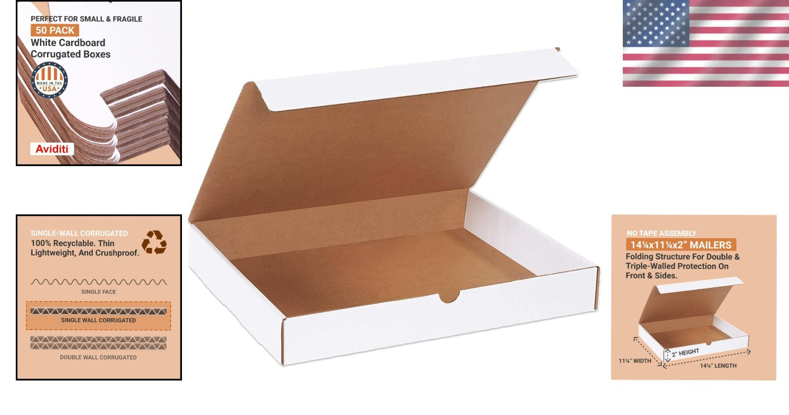 50-Pack Heavy Duty Shipping Boxes - 14.25"L x 11.25"W x 2"H, Crush-Proof