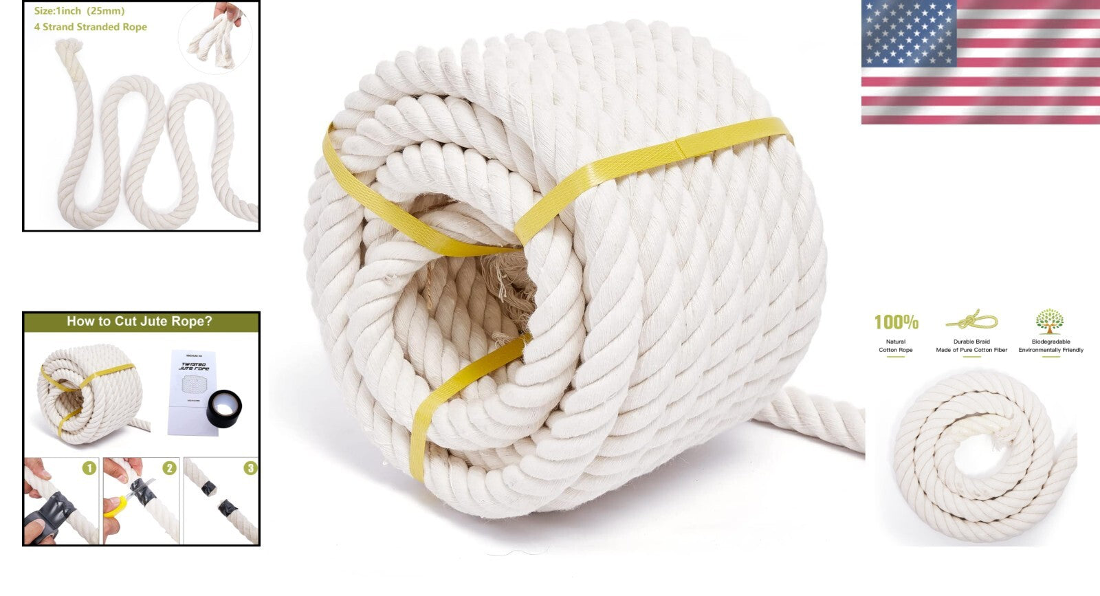 Versatile 1 Inch Thick Cotton Craft Rope - 100 Feet for Indoor & Outdoor Use