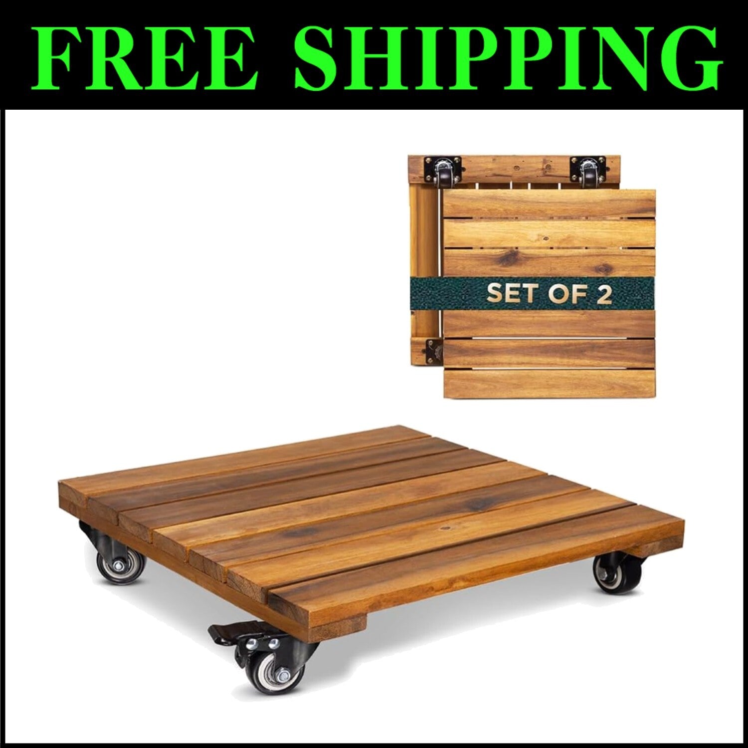 Rust-Resistant Acacia Wood Plant Caddy with Wheels - Effortless Mobility Set