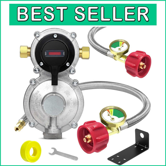 Efficient RV Propane Regulator with No-Interrupt Changeover & 18" Braided Hoses