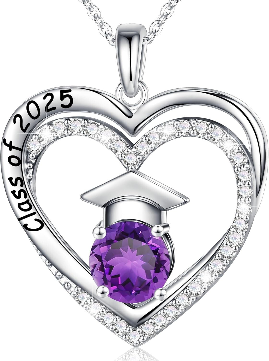 Engraved Class of 2025 Birthstone Necklace - Sterling Silver Graduation Jewelry