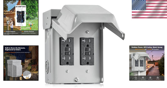 Dual 20 AMP GFCI Outdoor Outlet Box - Rainproof Steel Enclosure for Durability