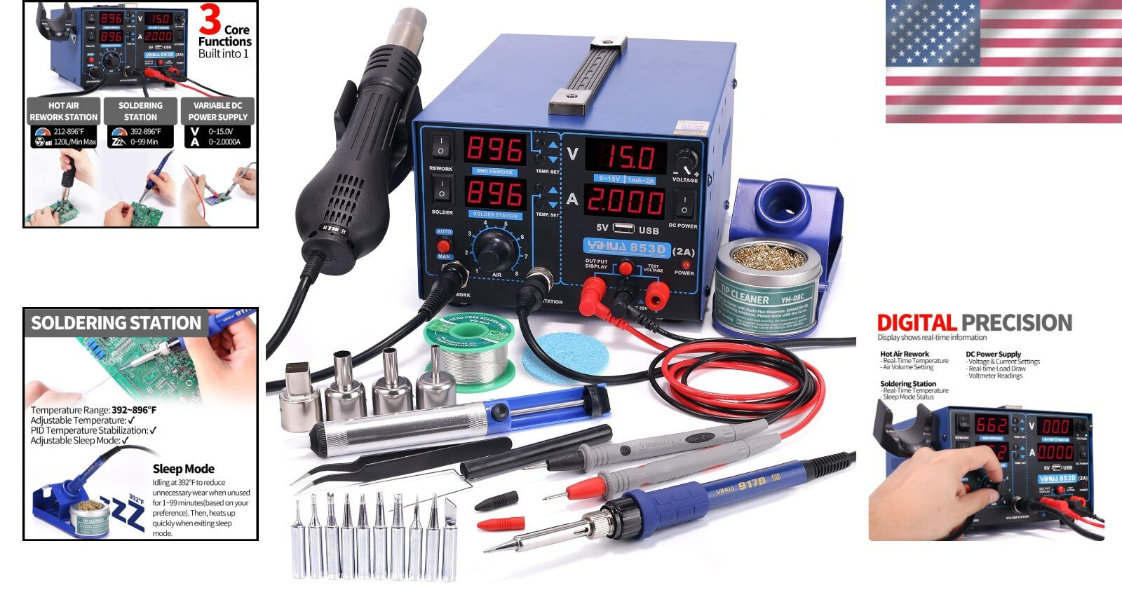 Versatile 3-in-1 Soldering Iron, Hot Air Rework, and 2A DC Power Supply Station