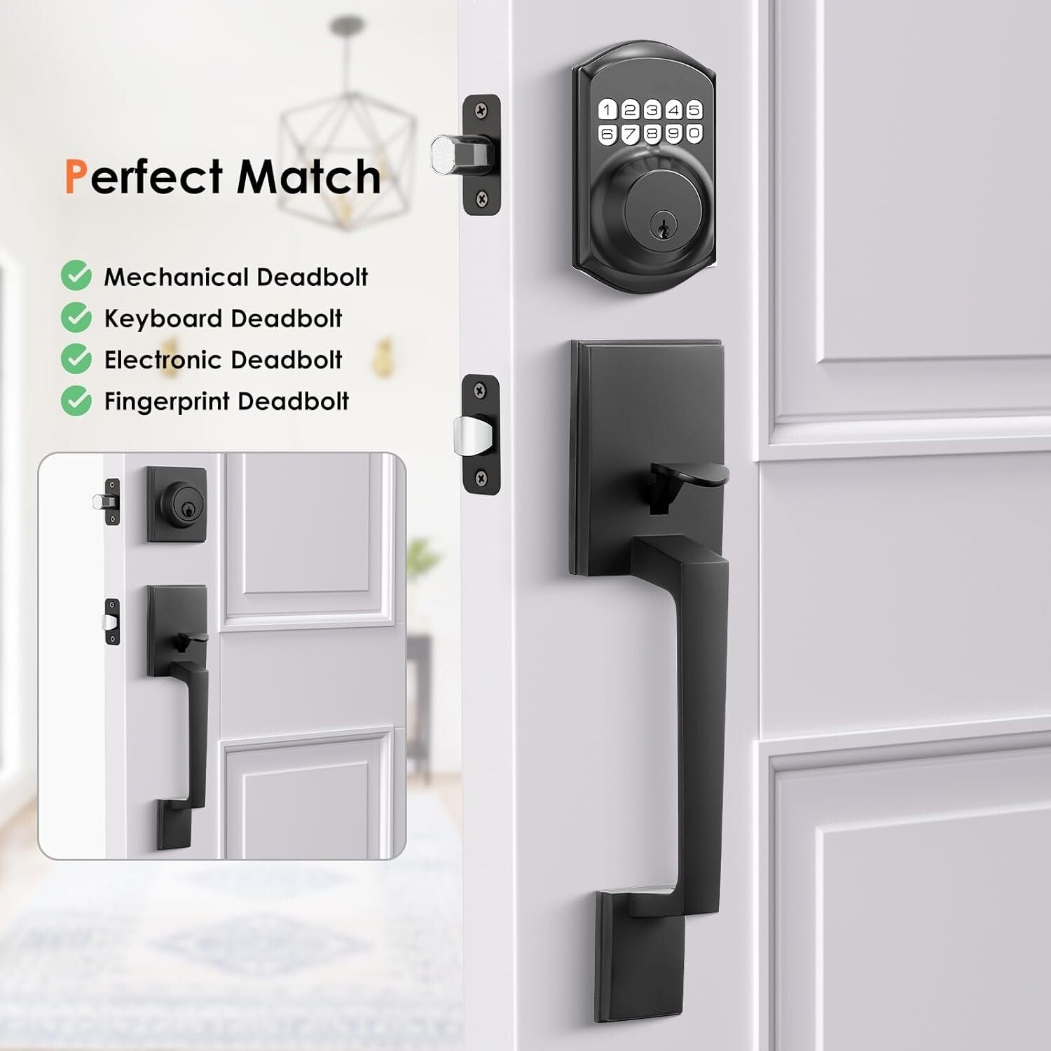 Zinc Alloy Matte Black Entry Door Handle with Single Cylinder Deadbolt Security