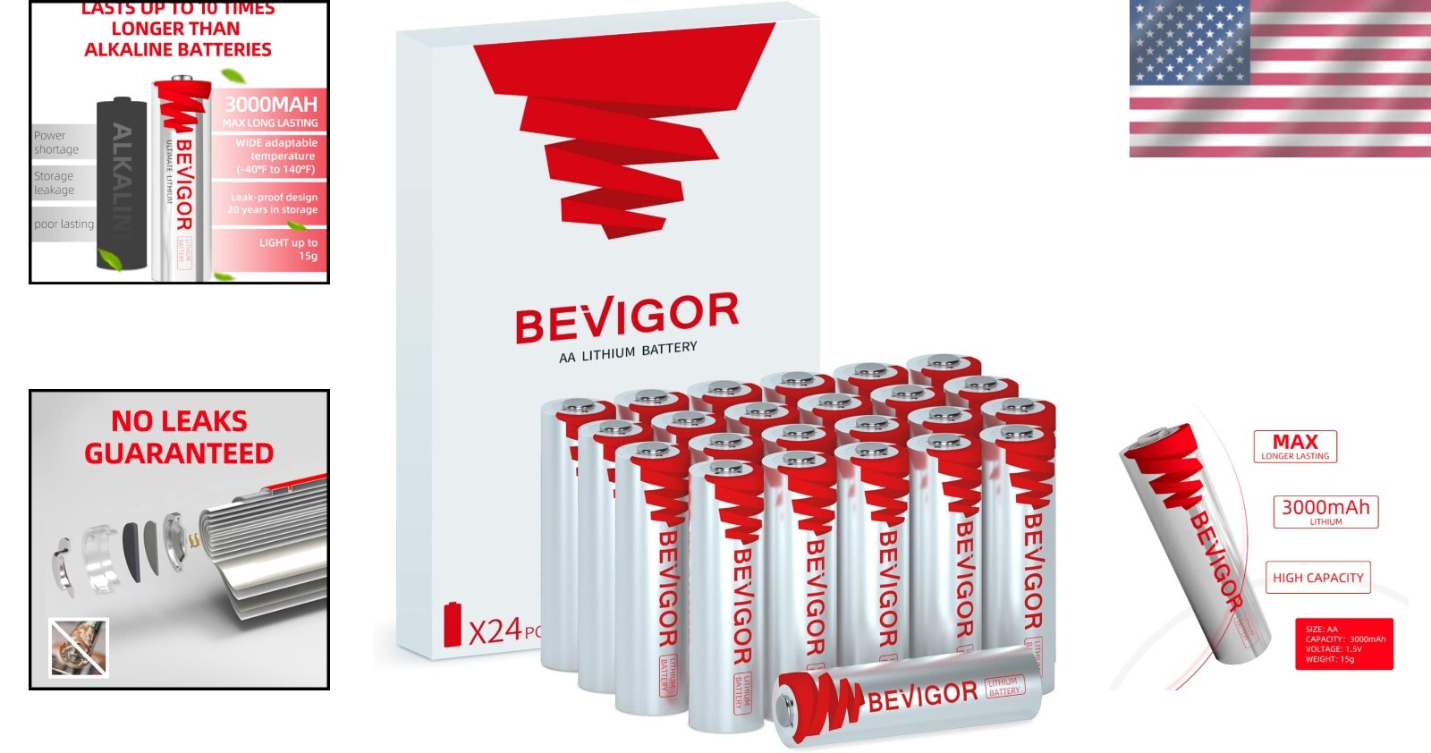 Durable 24-Pack 3000mAh AA Lithium Batteries - Leak-Proof & Safe for Electronics