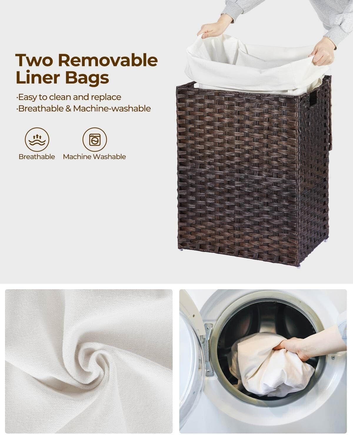 Chic Brown Laundry Basket with Lid & 2 Washable Bags - 90L Stylish Storage