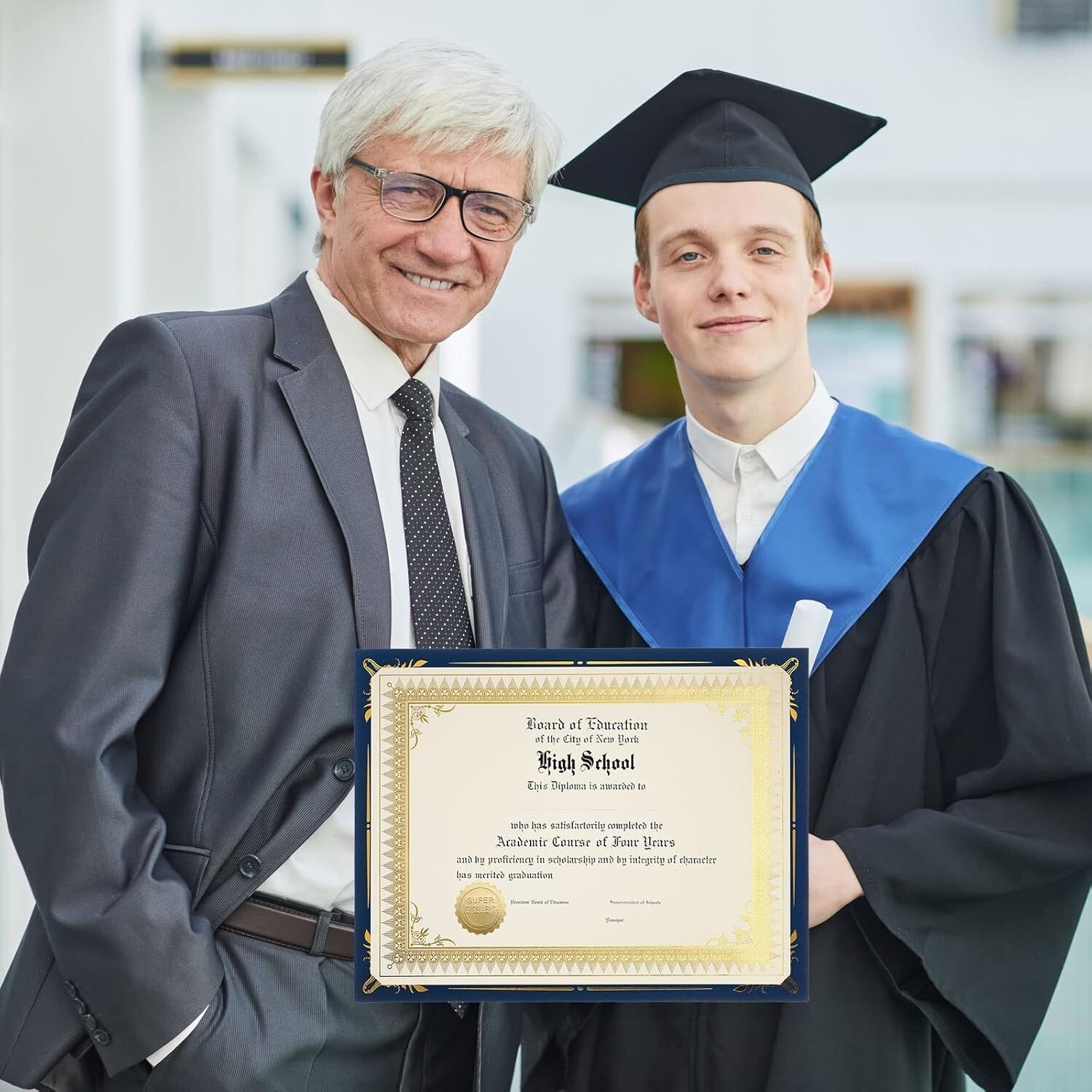 Complete 100-Piece Navy Blue Certificate Holder Set with Embossed Foil Seals