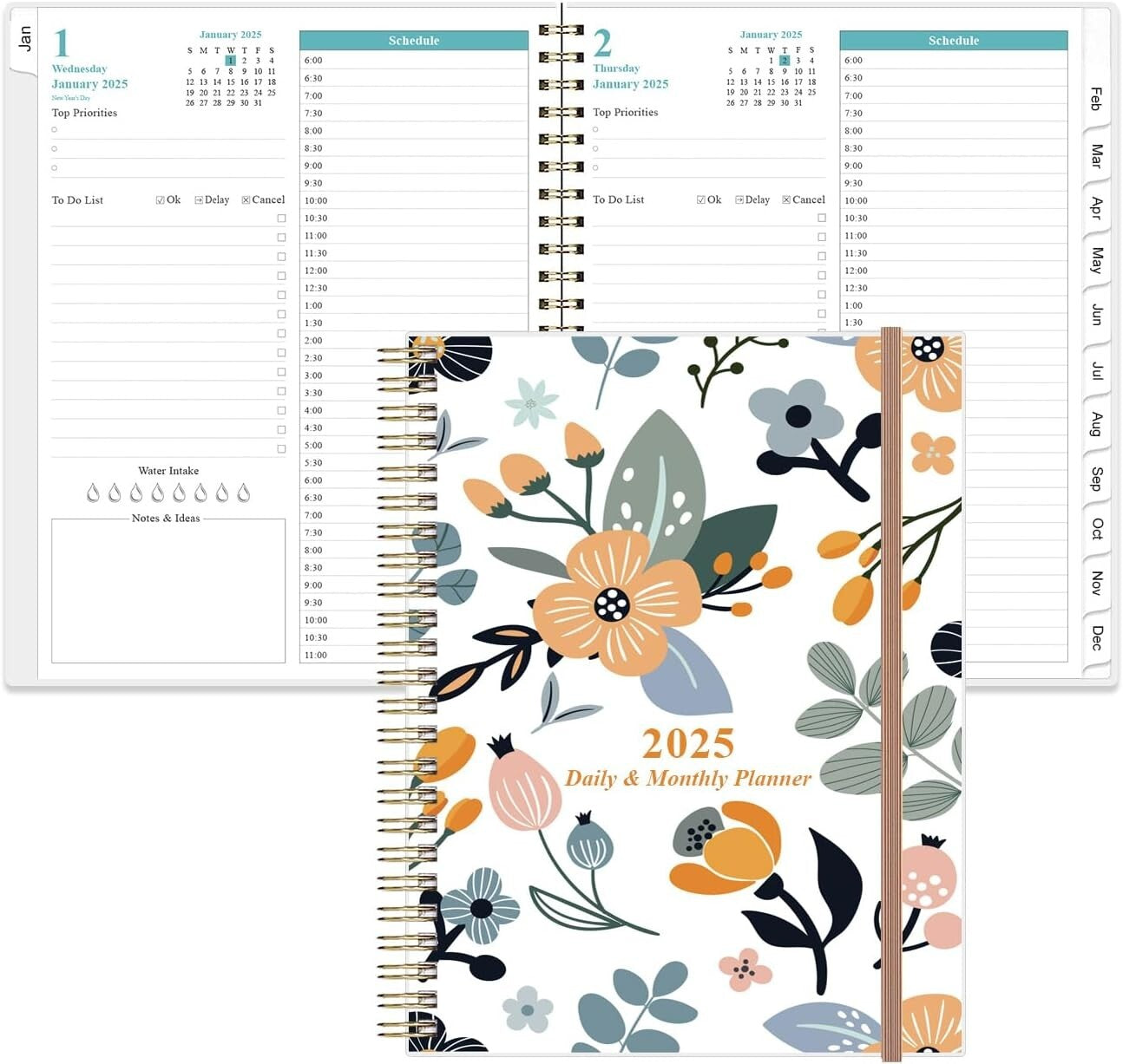 2025 Elegant Daily & Monthly Planner - One Page Per Day, 8.5"x11", Rose