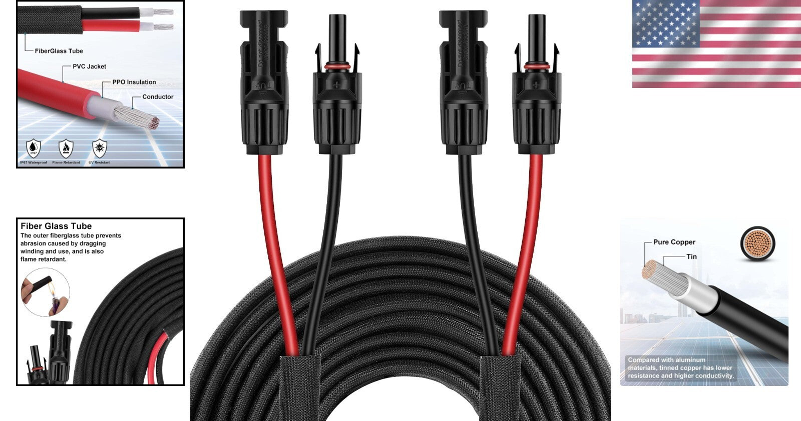 Versatile 10AWG Solar Extension Cable - 50FT with Male and Female Connectors