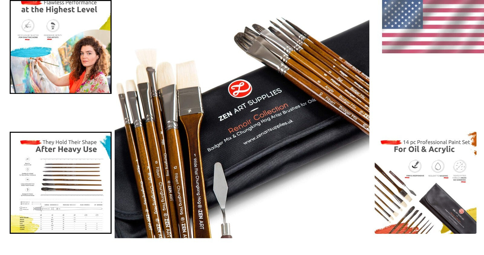 Luxury 14pc Oil & Acrylic Paint Brush Set with Birchwood Handles - No Shedding