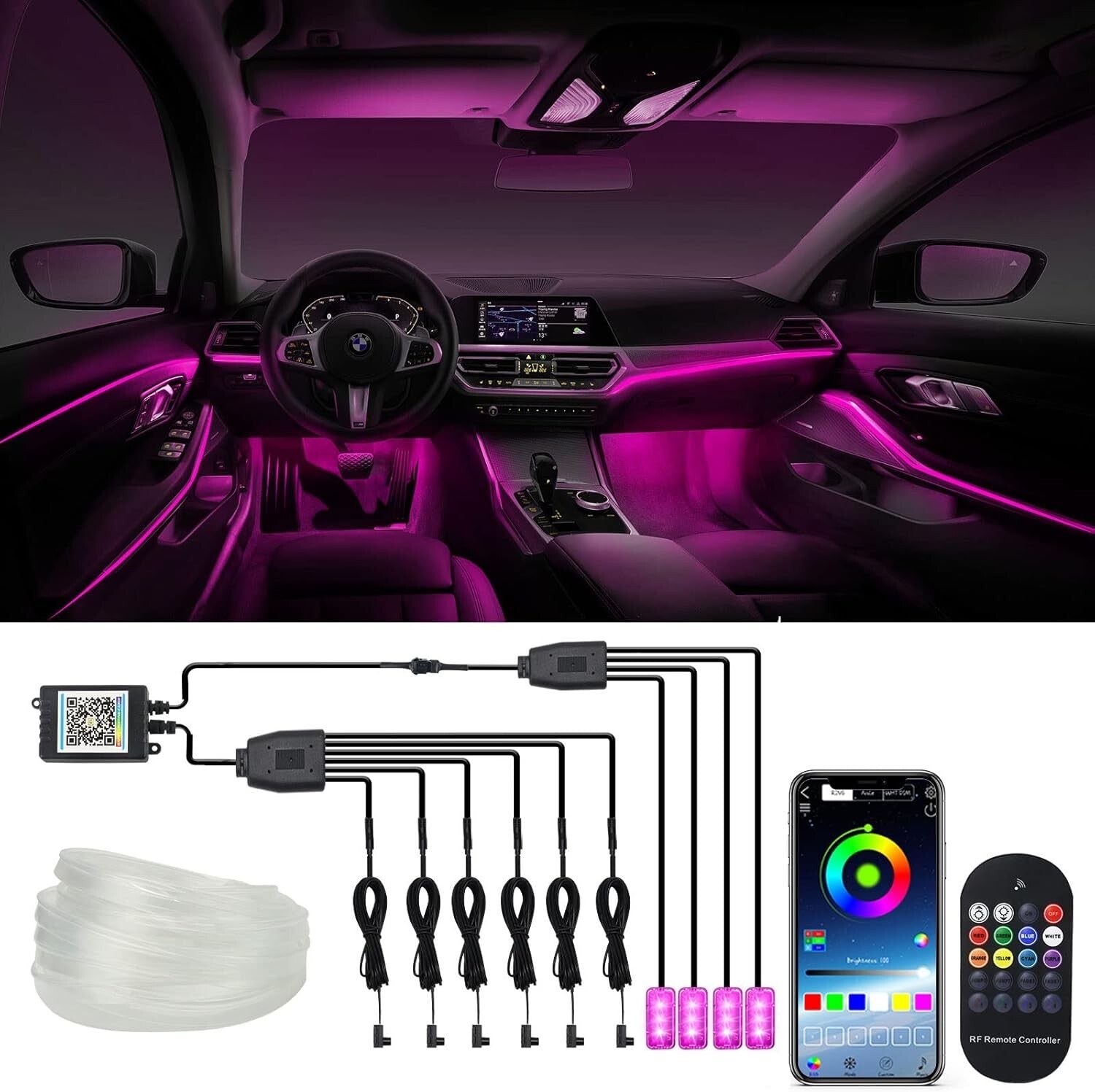 Waterproof Multicolor Car LED Ambiance Lights with Remote Control and Music Sync