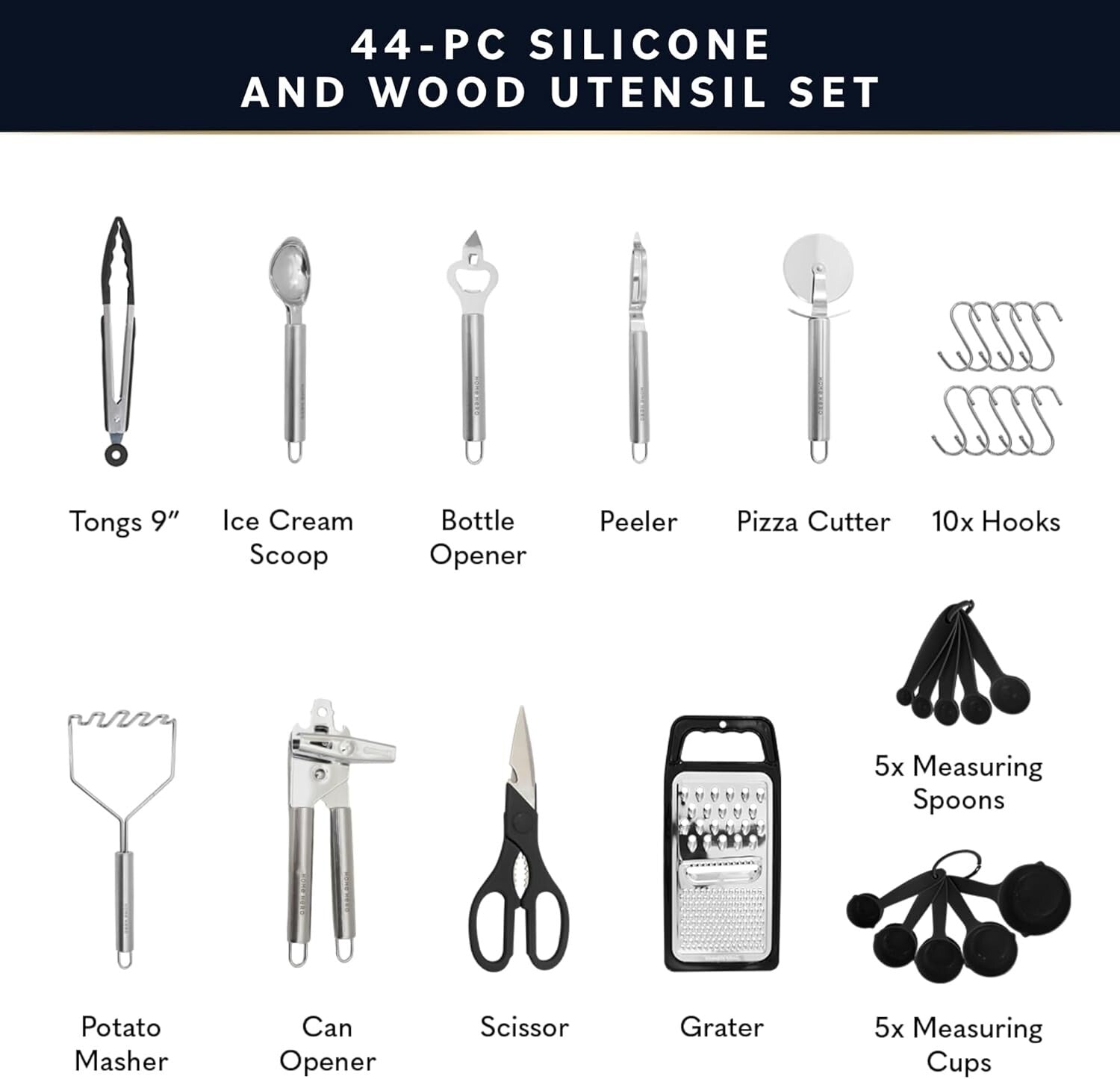Premium Silicone Cooking Utensils Set - 44 Pieces with Elegant Beechwood Handles