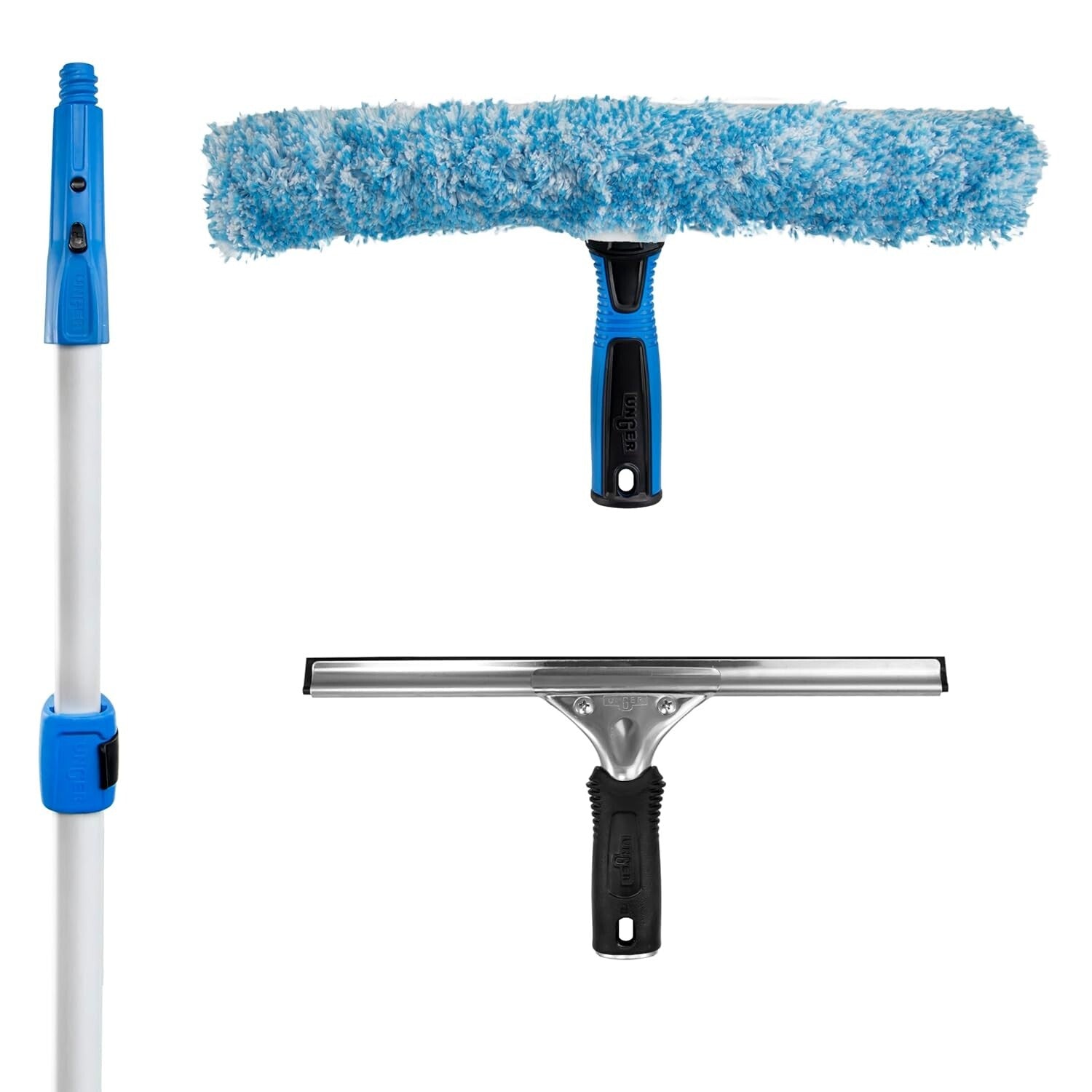 Complete Window Cleaning Kit: Squeegee, Scrubber & Extendable Pole - Blue/Black