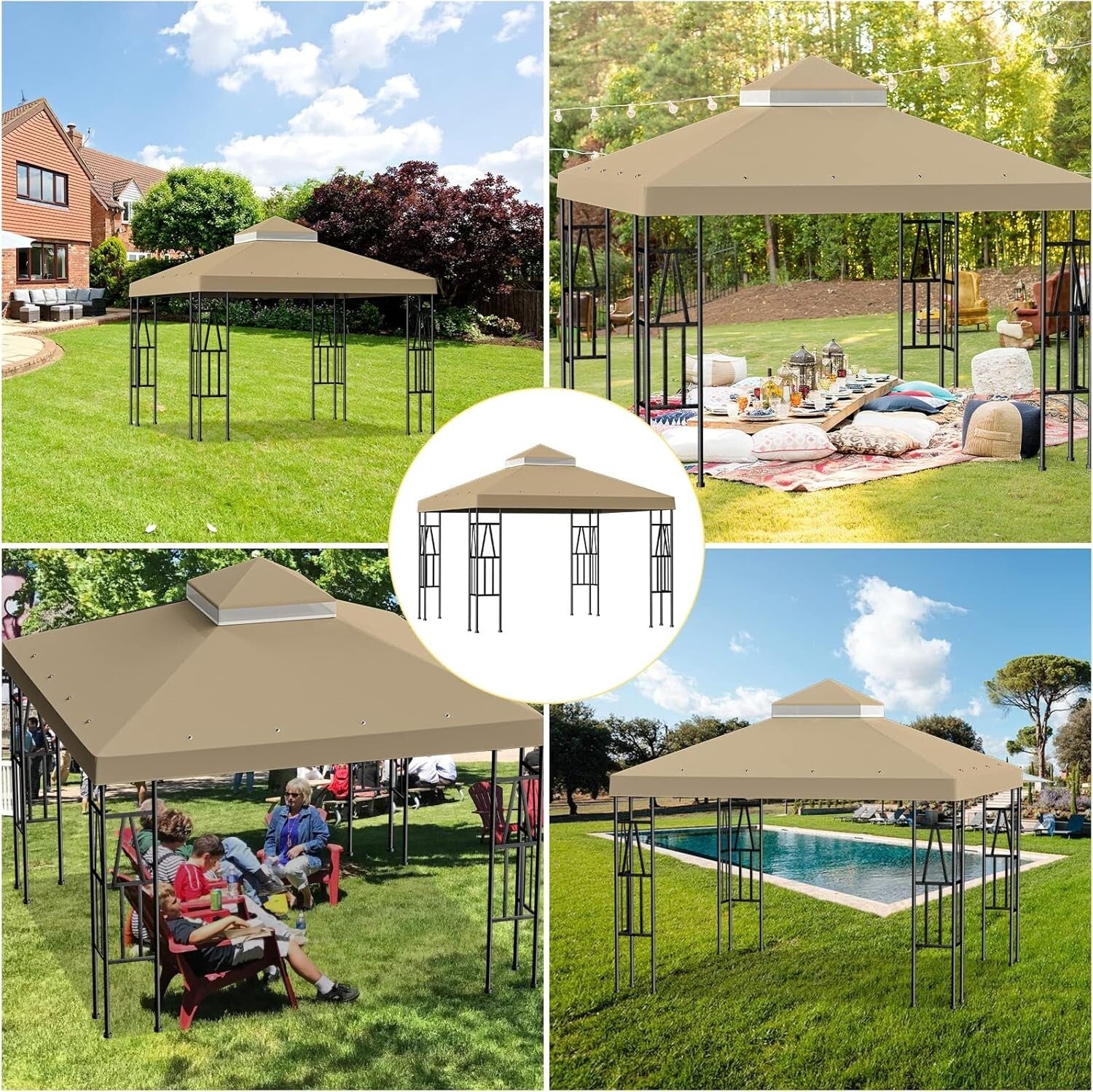 Elegant Khaki 10'x10' Canopy Replacement for Garden Gazebos - Easy Install