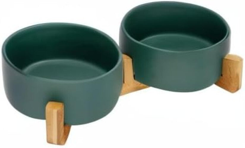 Elegant Ceramic Dog and Cat Bowl Set with Non-Slip Wooden Stand - 3.6 Cups