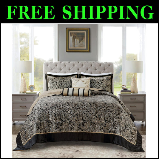 5-Piece Black Quilted Bedding Set with Decorative Pillows - All Season Comfort