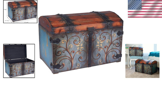 Large Vintage Floral Storage Trunk, Blue/Brown Wood, Lockable & Water Resistant