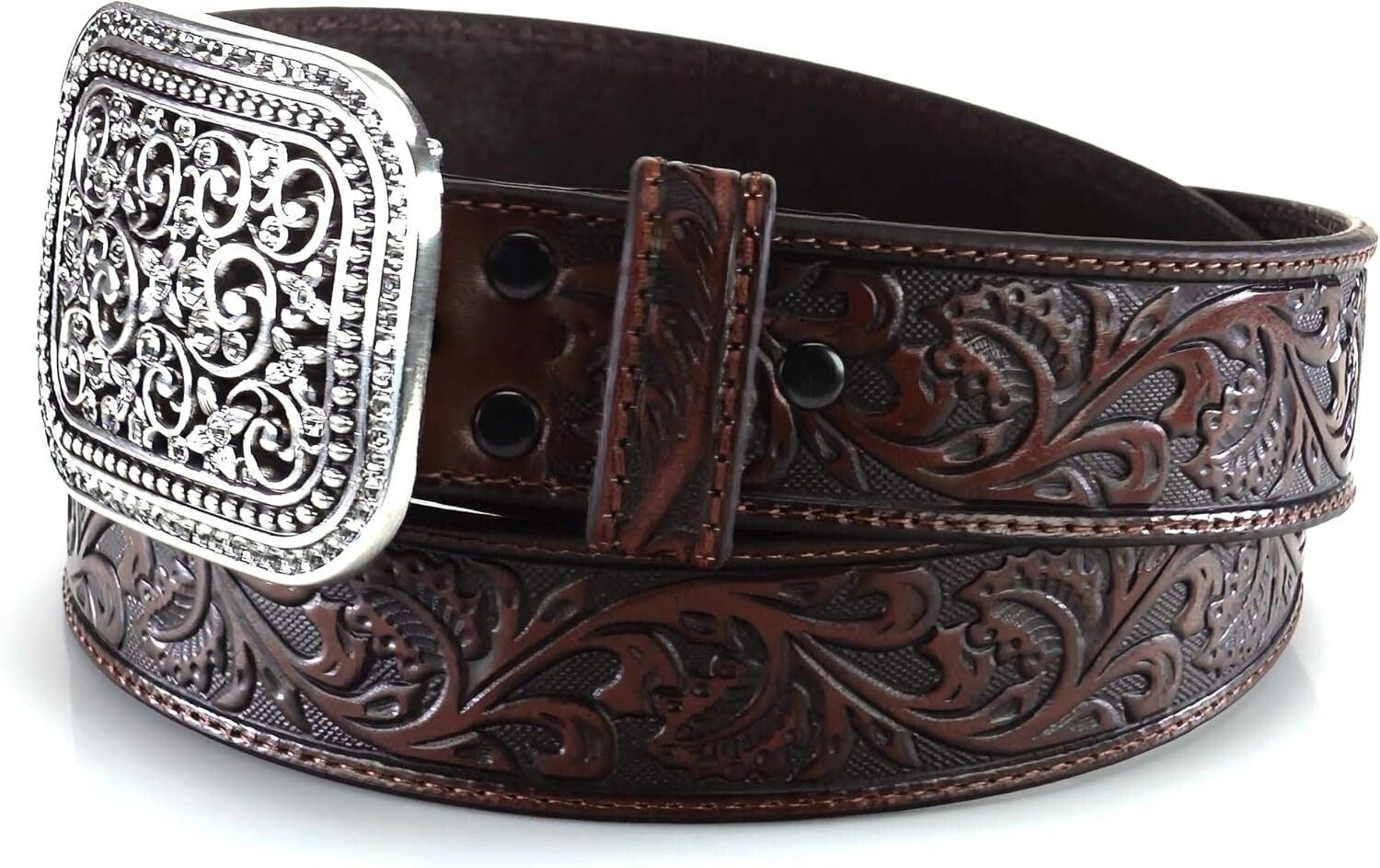 Comfortable Brown Embossed Leather Belt with Rhinestones for Women - 1.5" Wide