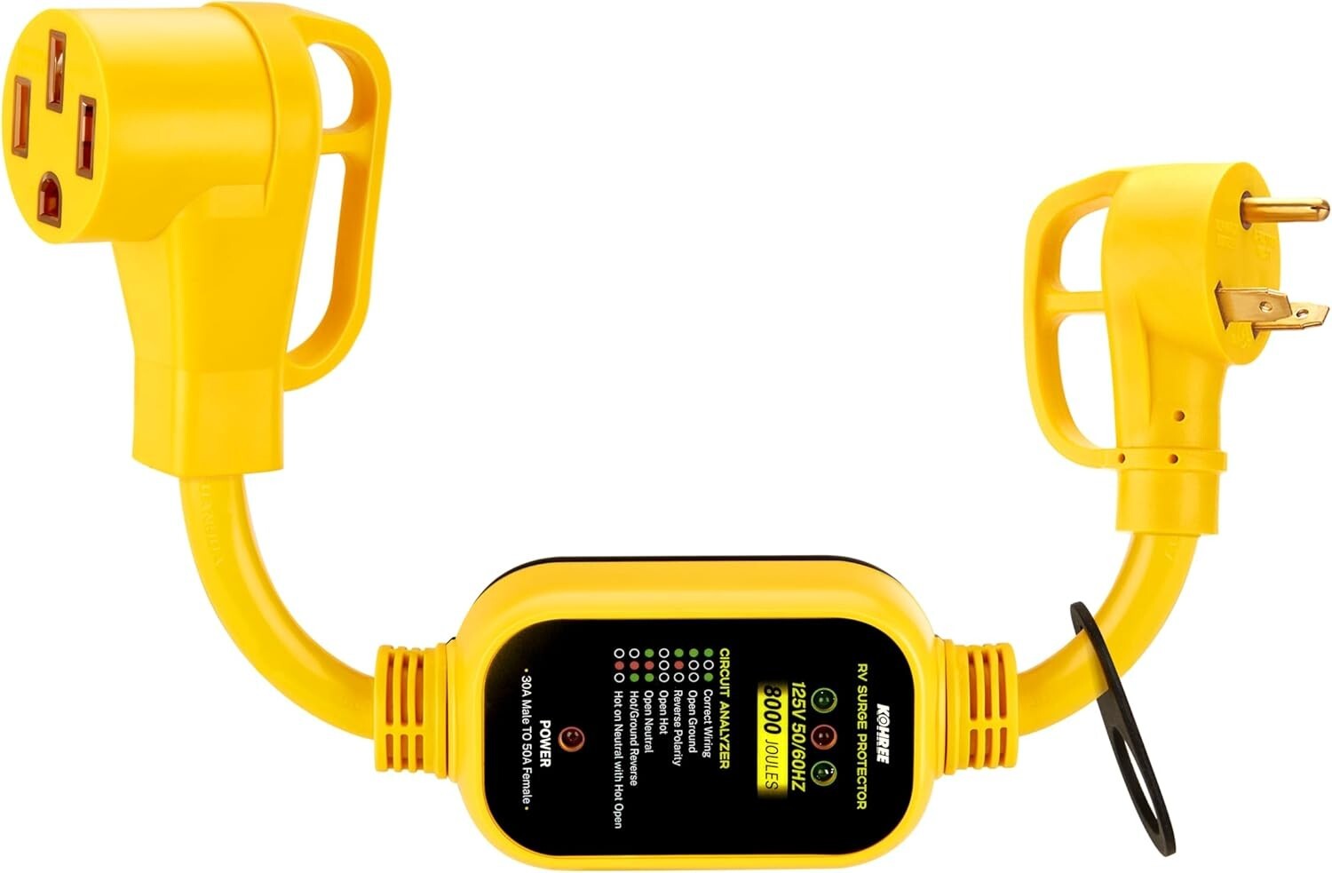 Ergonomic 30 Amp to 50 Amp RV Power Adapter with Surge Protection and Analyzer