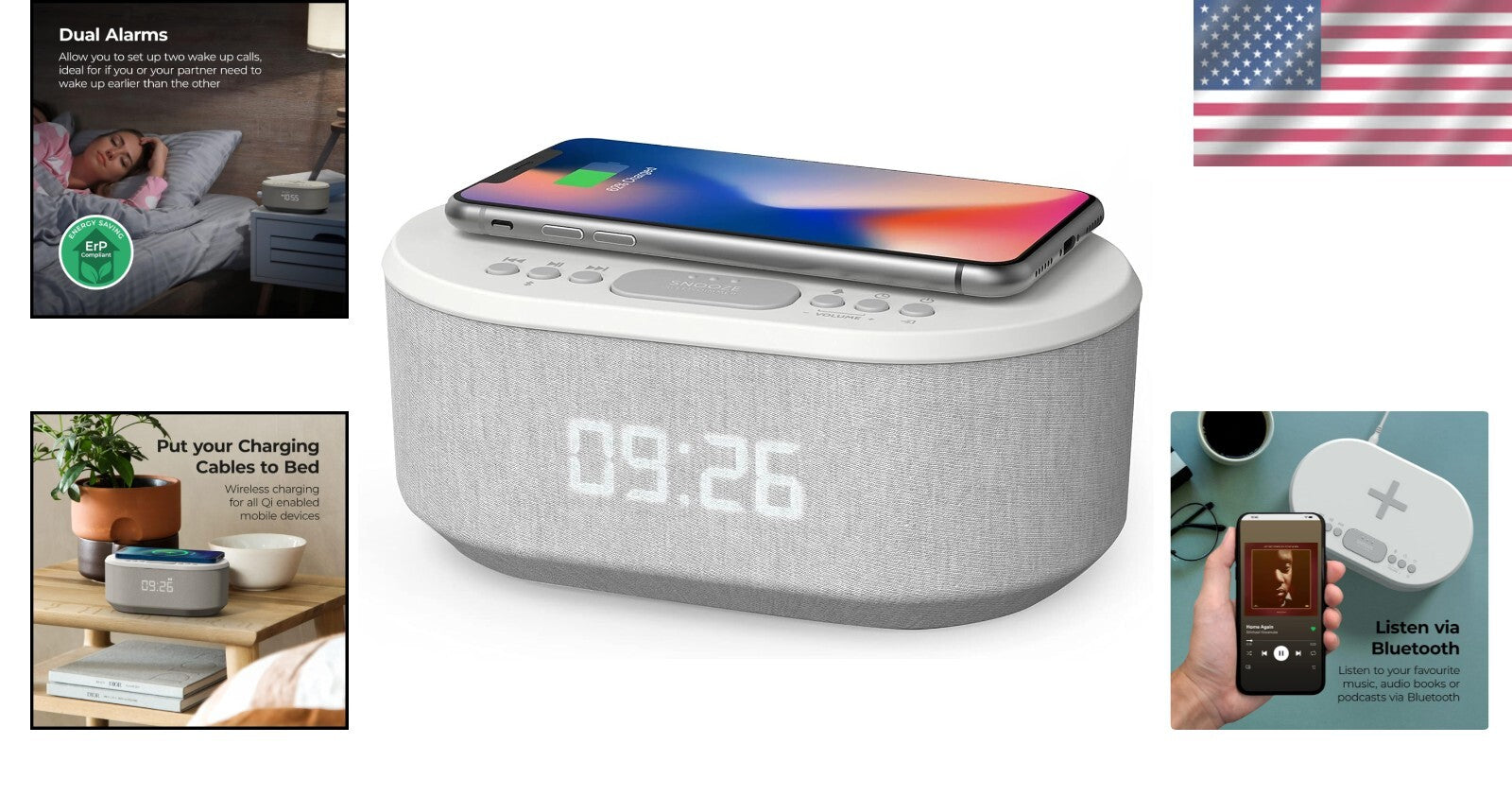Dawn Wireless Charging Alarm Clock with Bluetooth Speaker & FM Radio - White