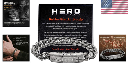 Fearless Men's Link Bracelet - Knights Templar 'Never Surrender' Stainless Steel