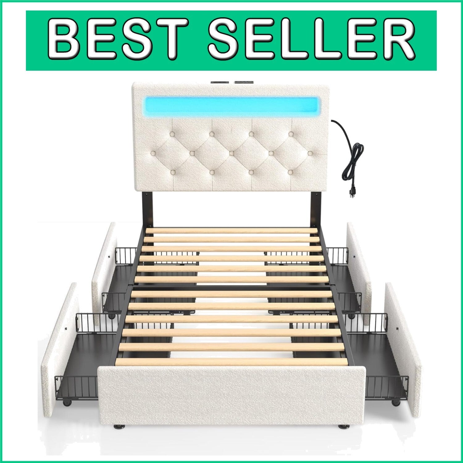 Adjustable Twin Bed Frame with RGB LED Lights & 4 Storage Drawers in White