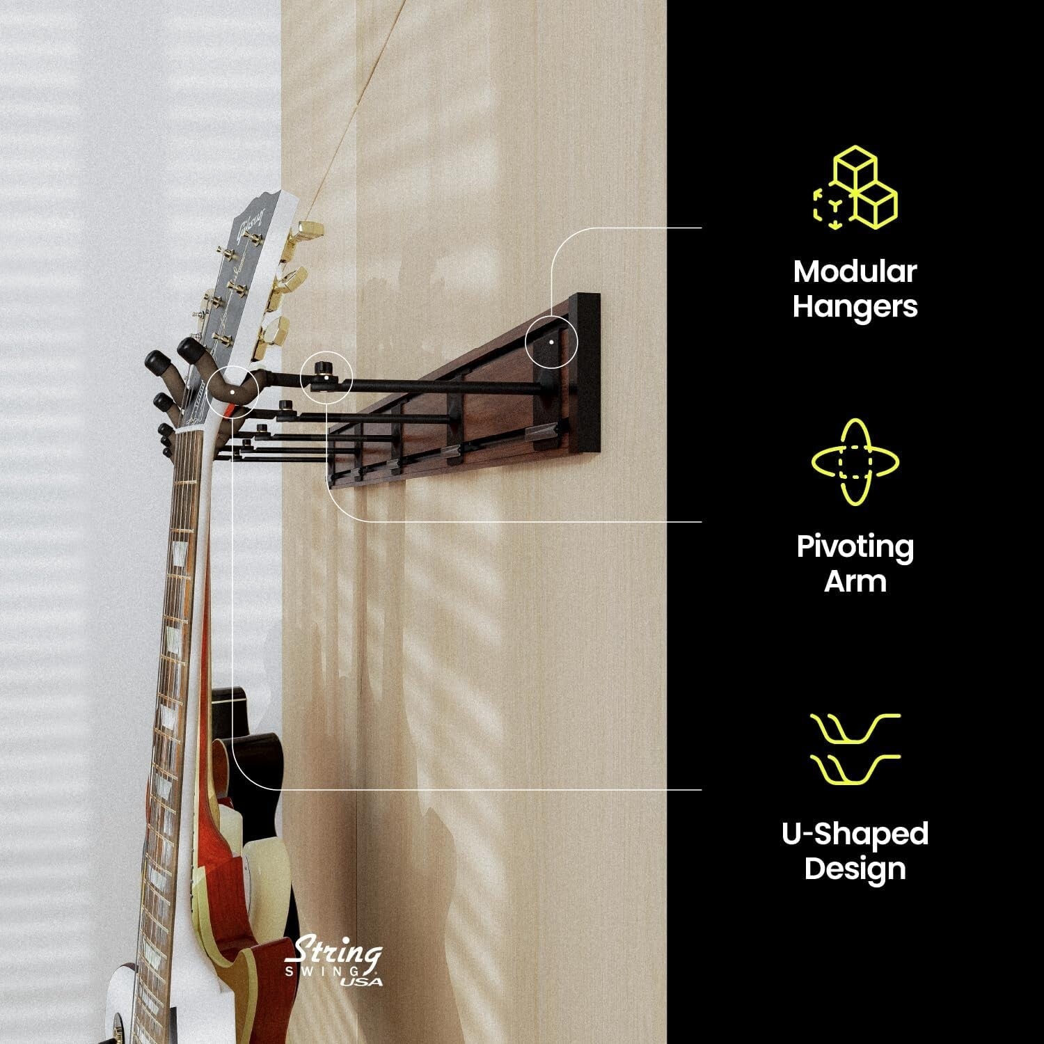 Elegant Guitar Wall Rack for 5 Guitars - Walnut Print Aluminum, Easy Install