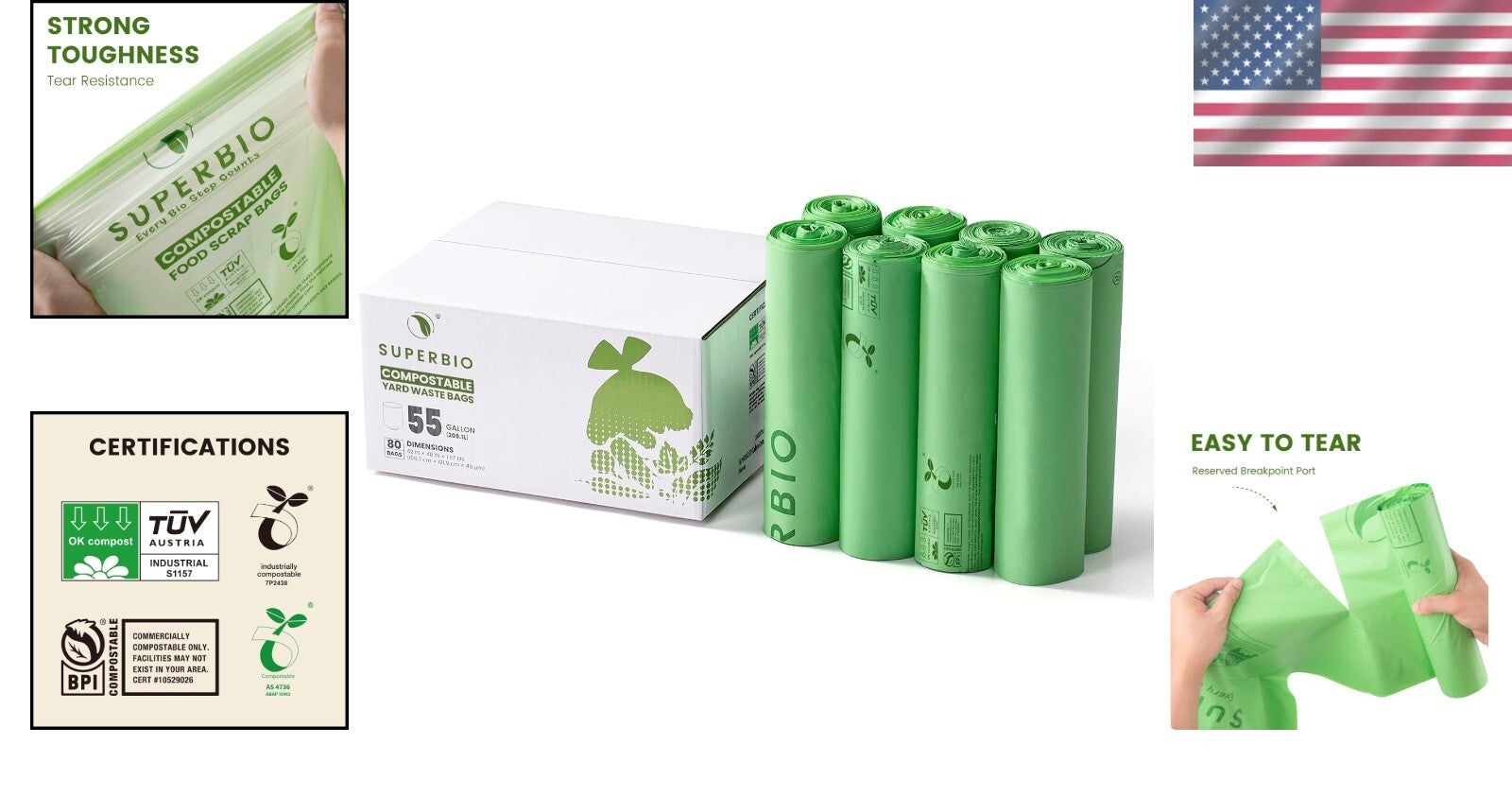 Durable 55 Gallon Biodegradable Lawn Waste Bags - 1.57 Mil Thickness, 80 Count