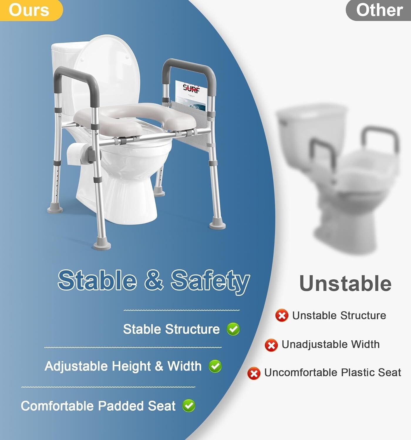 Elevated Toilet Seat Riser with Non-Slip Grip and Padded Armrests for Seniors