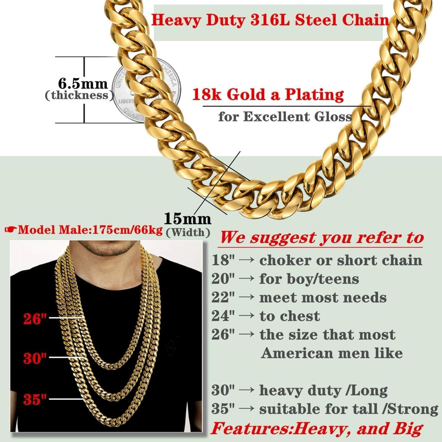 15mm Miami Cuban Link Chain Necklace - 18k Gold Stainless Steel - Stylish Unisex